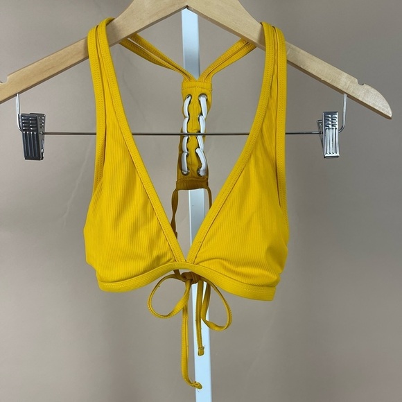 Target Xhilaration Size XS Mustard Yellow Sporty Bikini Top Ribbed Boho Deep V - Picture 1 of 6